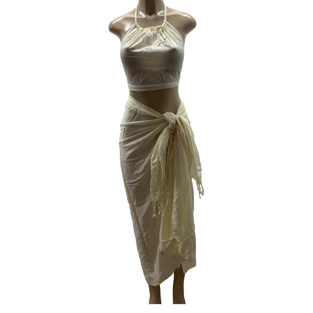 Rama 100% Rayon 2pc Beach Sarong & Top With Fringe Trim. New With Tags